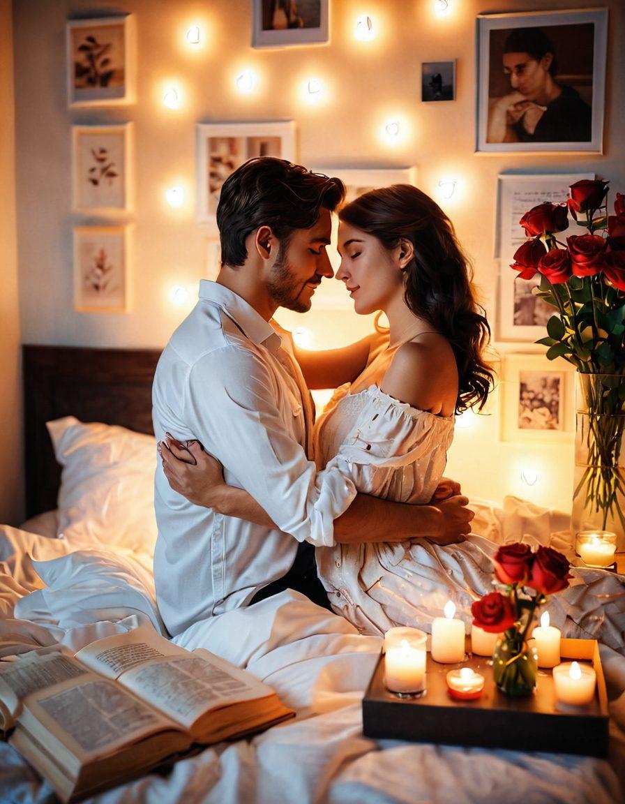 A romantic scene featuring a couple embracing tenderly in a softly lit bedroom, surrounded by symbols of passion like candles, roses, and heart-shaped decor. The couple's expressions should convey deep love and connection, with a subtle glow highlighting them. In the background, include hints of wellness, such as a small table with books on intimacy and sexual health. warm tones and soft focus for a dreamy ambiance. super-realistic. vibrant colors. soft lighting.