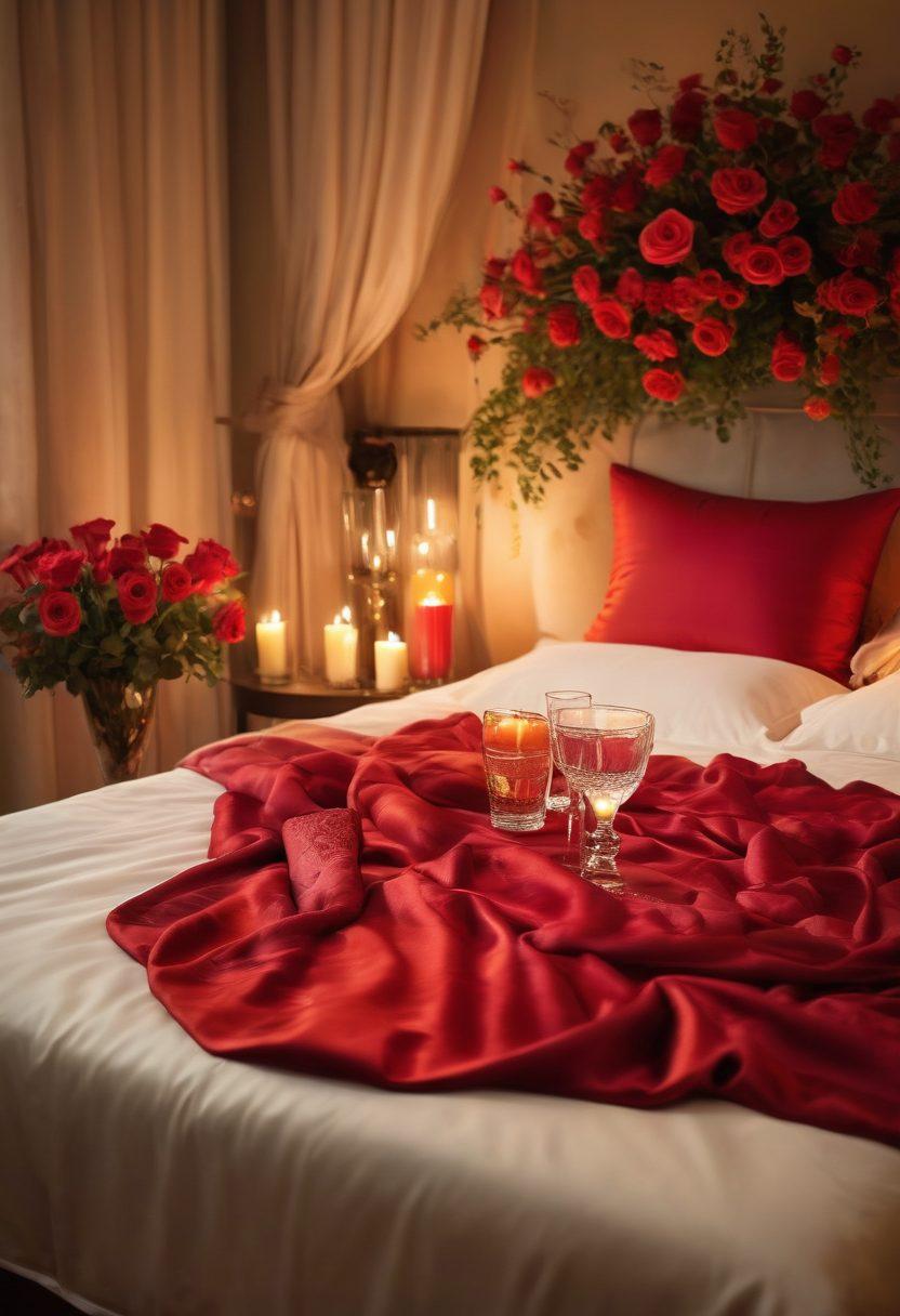 A beautifully arranged intimate setting with soft lighting, fragrant candles, and lush fabrics, depicting a couple entwined in a loving embrace, surrounded by dreamy visuals of roses and silk sheets. The scene should evoke warmth, passion, and tranquility, capturing the essence of sensuality and romance. The color scheme should be rich with reds and golds, enhancing the inviting atmosphere. super-realistic. vibrant colors. warm lighting.